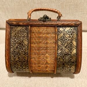 Vintage Woven Bamboo and Wood Handbag with Ornate Metal Panels